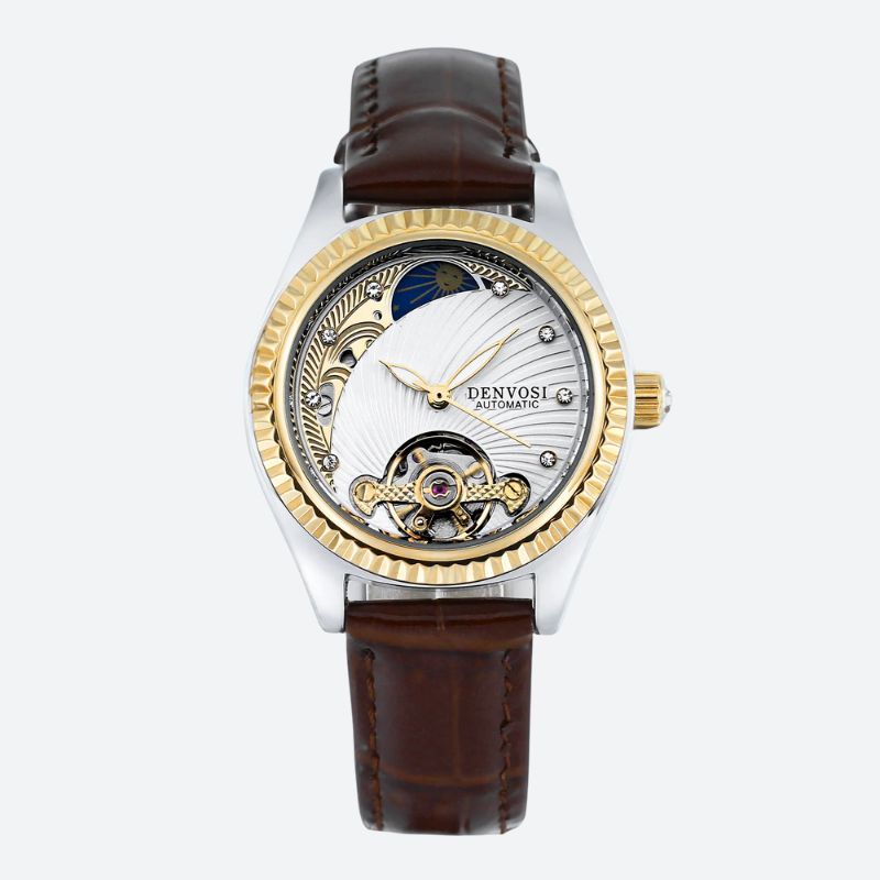 Automatyczny zegarek damski Denvosi z tarczą księżycową i mechanizmem