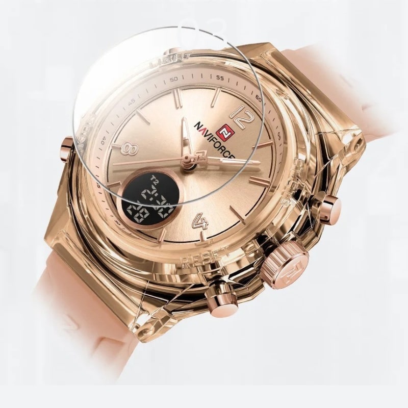 Damski zegarek Naviforce w różowym złocie z chronografem i wyświetlaczem cyfrowo-analogowym
