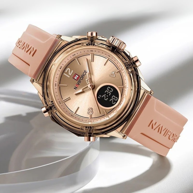 Damski zegarek cyfrowy Naviforce rose gold z różową silikonową bransoletą