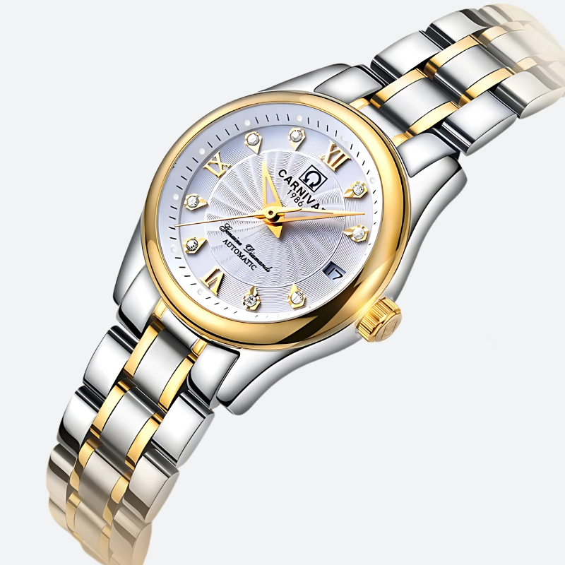 Elegancki damski zegarek mechaniczny dwutonowy stal i złoto z diamentami