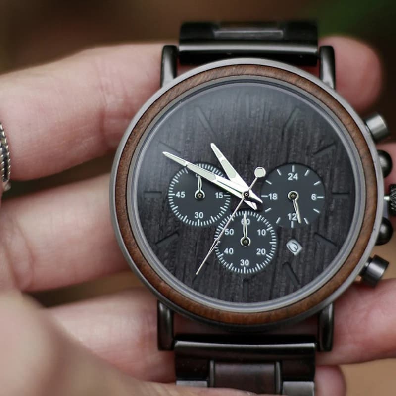 Sleek drewniany zegarek męski chronograf czarno-brązowy z tarczami
