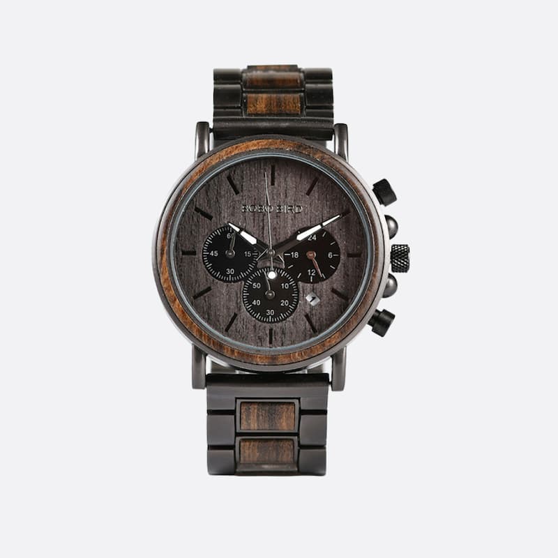 Męski drewniany zegarek chronograf z ciemnego drewna i czarnego metalu, rustykalną tarczą