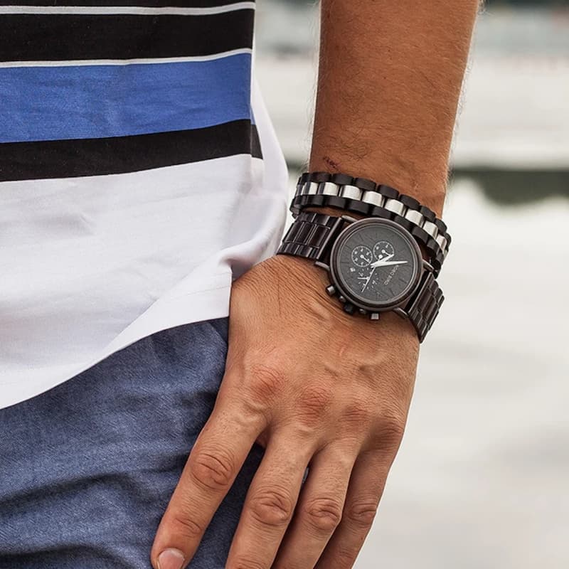 Czarny ceramiczny chronograf z drewnianymi akcentami męski zegarek