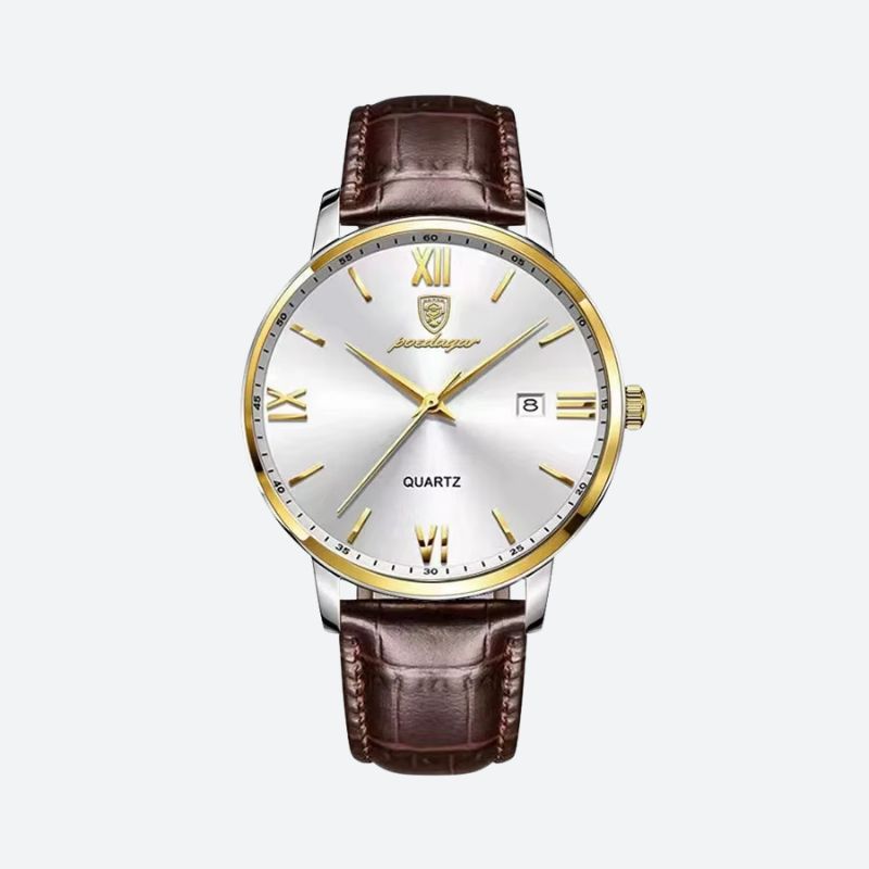 Elegancki męski zegarek kwarcowy ze srebrną kopertą i brązowym paskiem