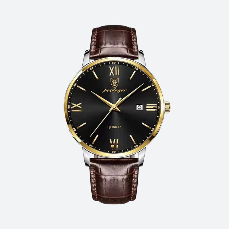 Elegancki męski zegarek kwarcowy z czarną tarczą i złotymi rzymskimi cyframi