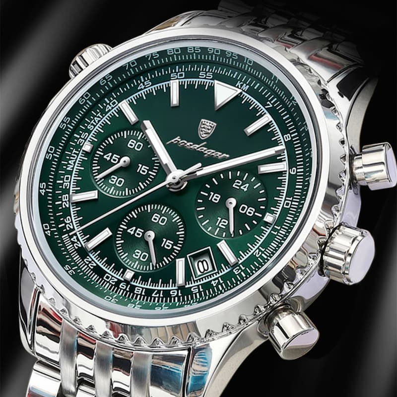 Elegancki sportowy zegarek chronograf ze stali nierdzewnej z zieloną tarczą