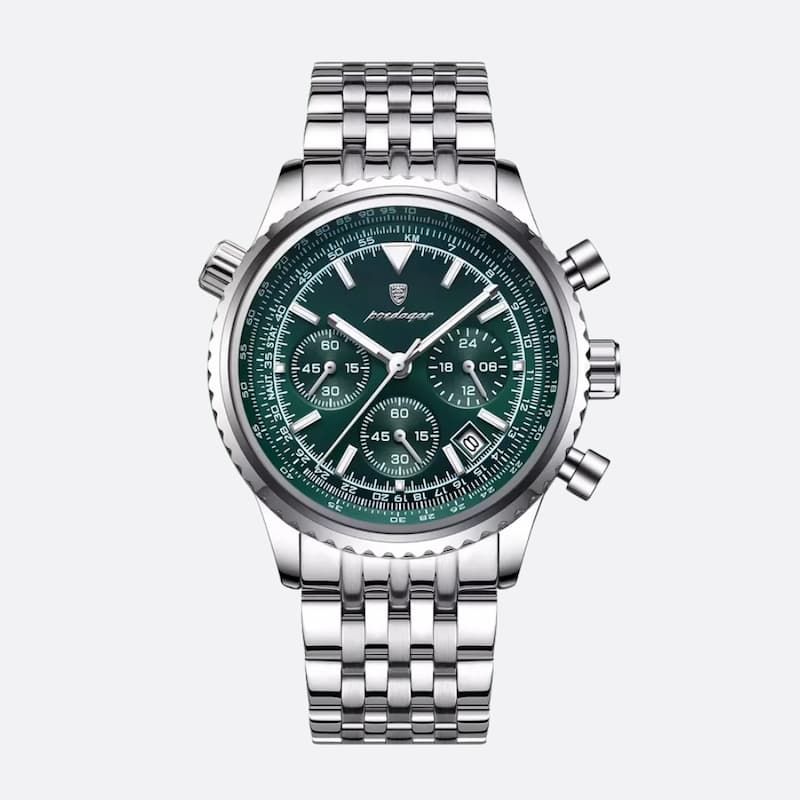 Elegancki sportowy zegarek z zieloną tarczą i chronografem