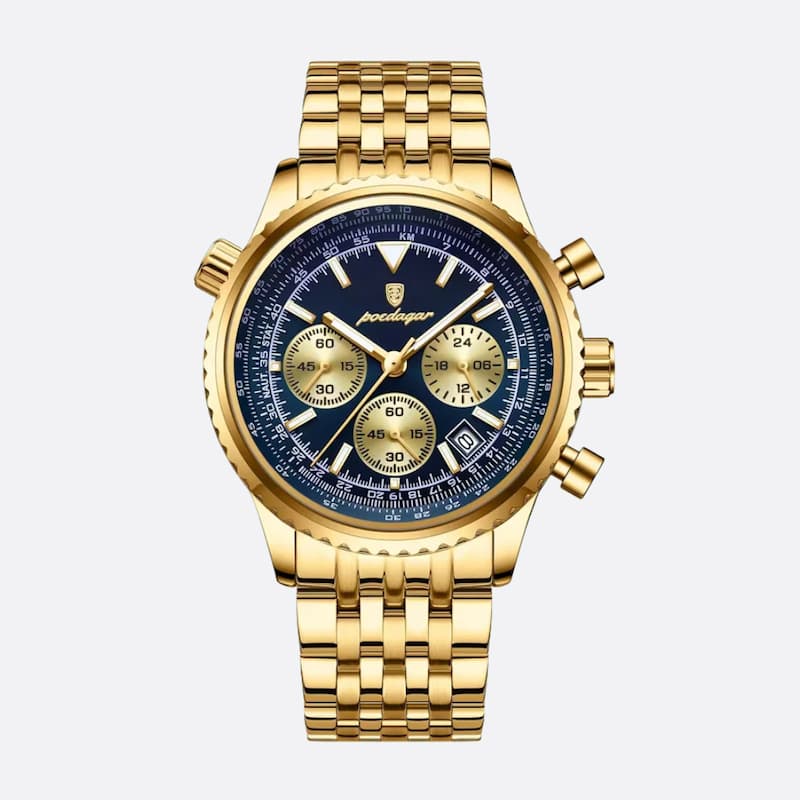 Złoty chronograf z niebieską tarczą i trzema subtarczami