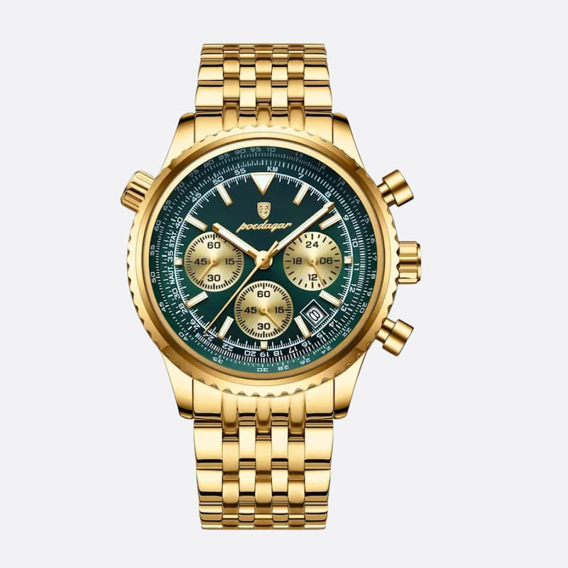 Złoty chronograf z zieloną tarczą, trzema subdialsami i metalową bransoletą
