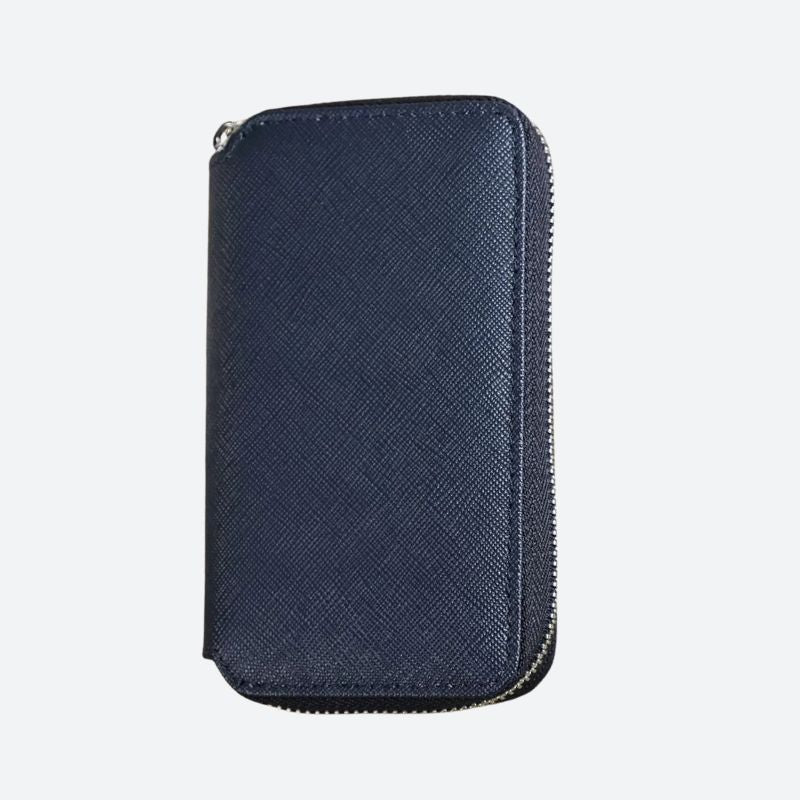 Ciemnoniebieski portfel z fakturowanej skóry z zamkiem, etui na zegarek