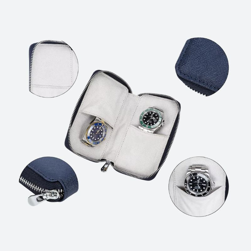 Granatowy etui na zegarek ze skóry o teksturze z białym wnętrzem i zamkiem