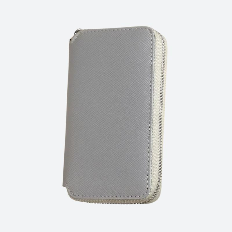 Szary portfel teksturowany ze skórzanym etui na zegarek, srebrny zamek i szycie