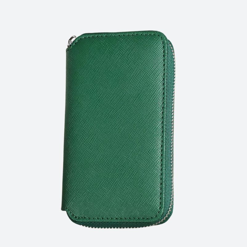 Zielony portfel skórzany z fakturą i zamkiem błyskawicznym