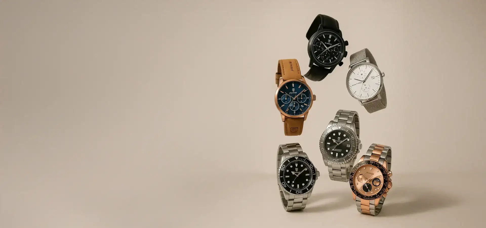 Kolekcja luksusowych zegarków z obudowami ze stali nierdzewnej i różowego złota, czarnymi i białymi tarczami oraz różnymi materiałami pasków, w tym skórzanymi i siatkowymi.