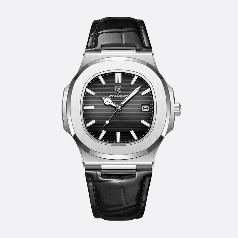 Luksusowy zegarek męski srebrny z czarnym tarczą i skórzanym paskiem