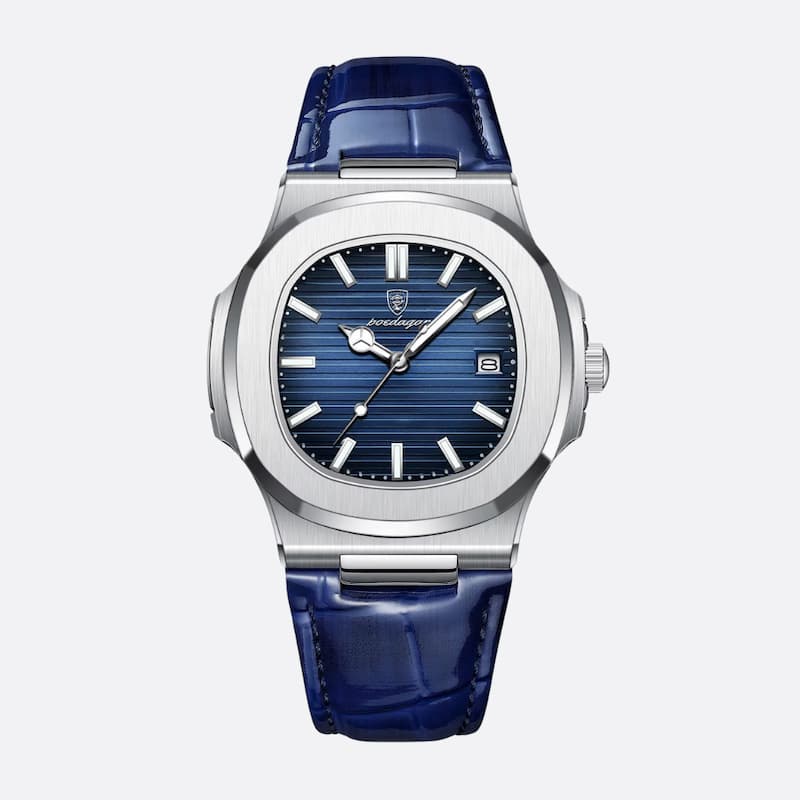 Luksusowy zegarek męski srebrny z niebieską tarczą i paskiem ze skóry