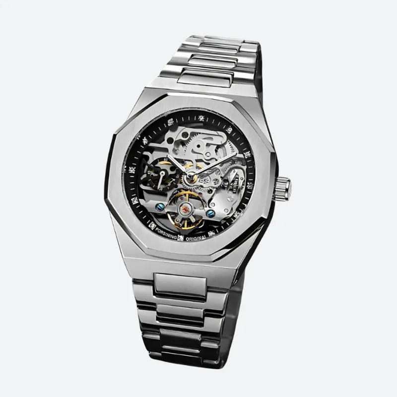 Srebrny szkieletowy zegarek z automatycznym mechanizmem, oktagonalną kopertą i bransoletą