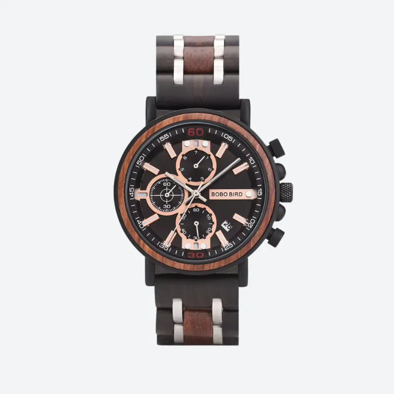 Męski drewniany zegarek chronograf czarny i rose gold z drewnianym bezelem