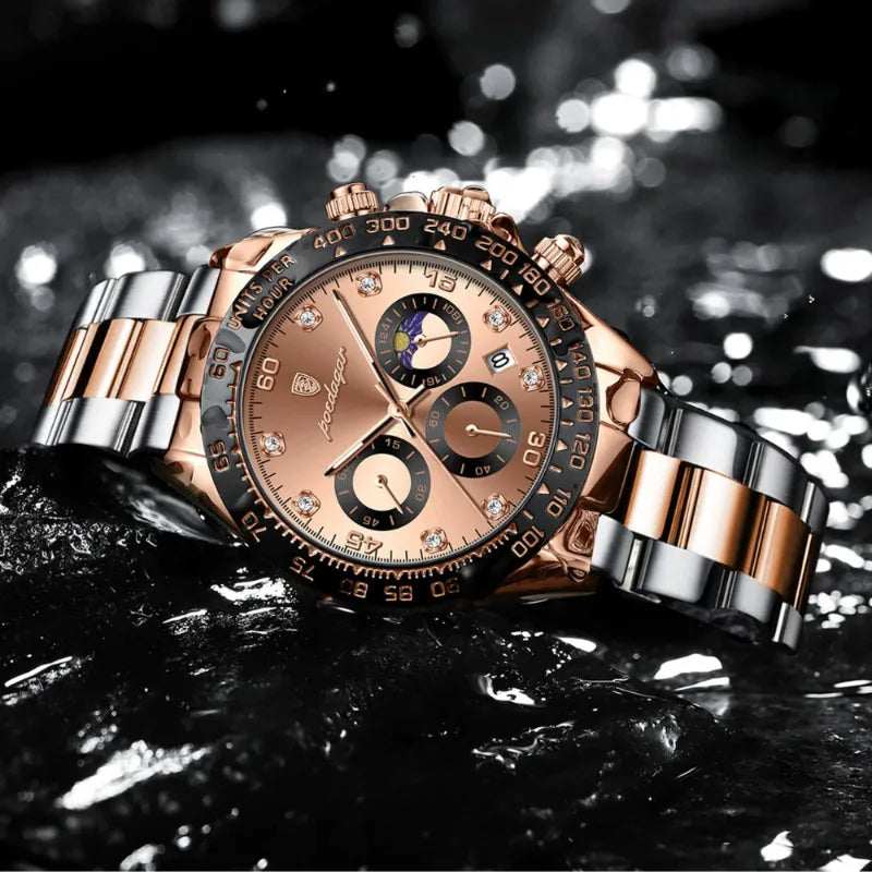 Męski elegancki zegarek chronograf w różowym złocie i srebrze z akcentami diamentów