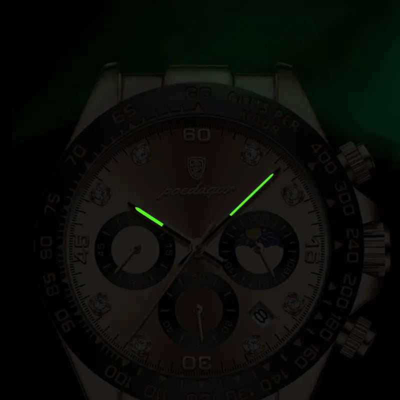 Srebrny elegancki męski chronograf z czarnym bezel i zielonymi wskazówkami