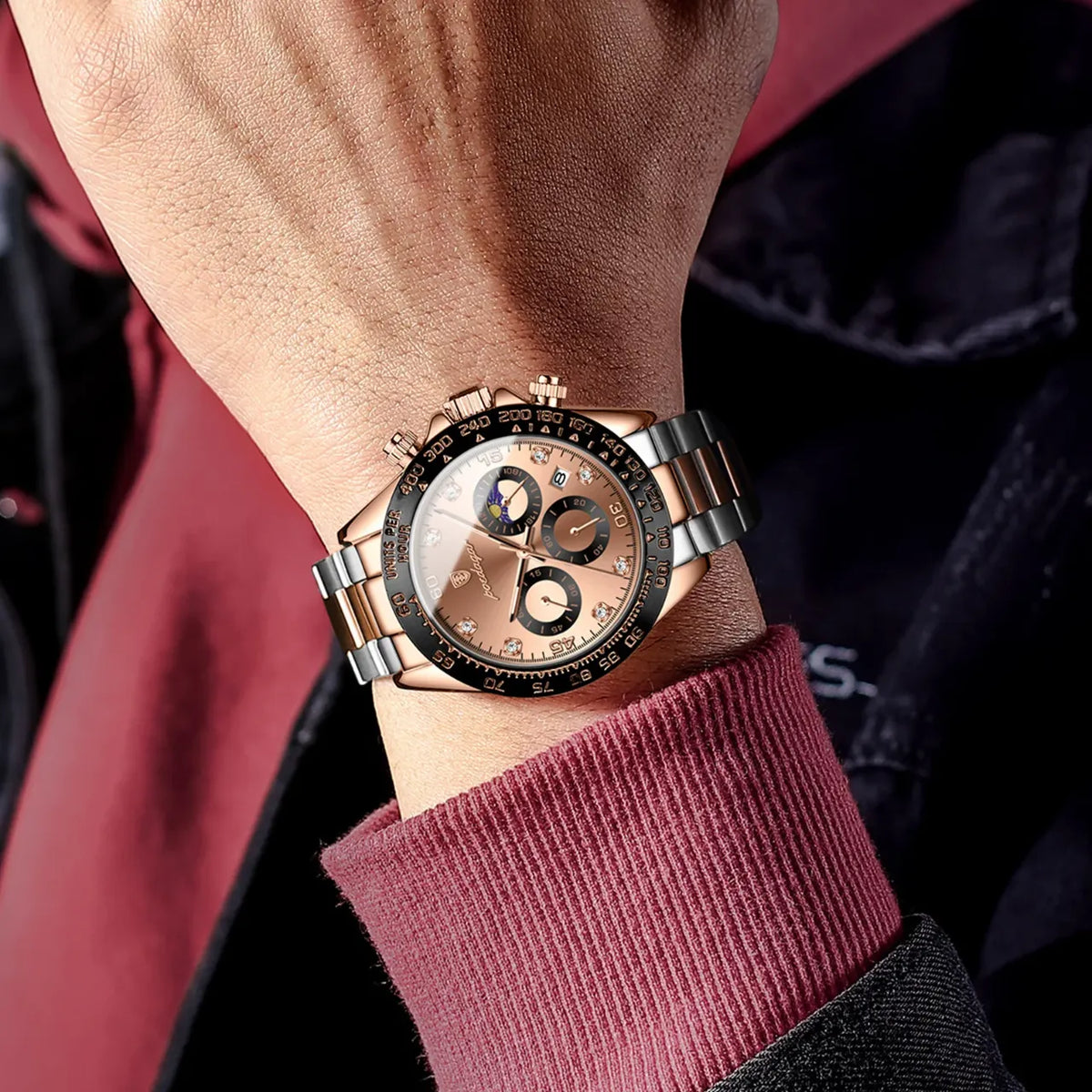 Męski elegancki chronograf w różowym złocie i czarnym, z diamentami, bransoleta stalowa
