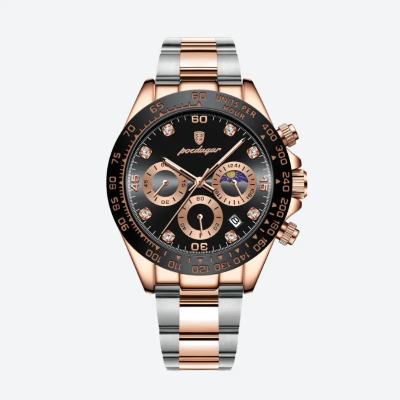 Zegarek męski elegancki dwutonowy rose gold i srebrny z tarczą czarną i fazami księżyca