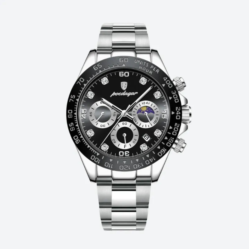 Elegancki męski chronograf ze stali, czarna tarcza, diamenty, faza księżyca