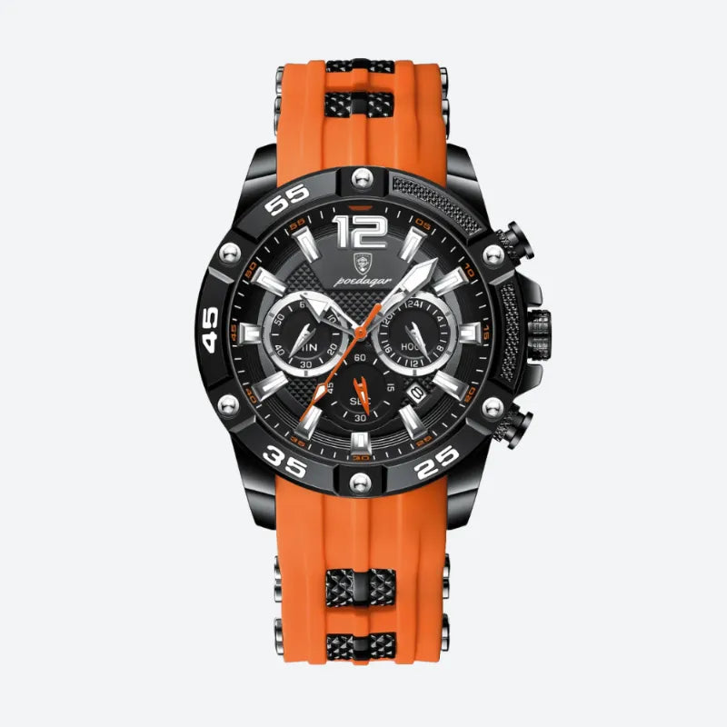 Męski sportowy zegarek Podingar z pomarańczowym paskiem i czarną tarczą