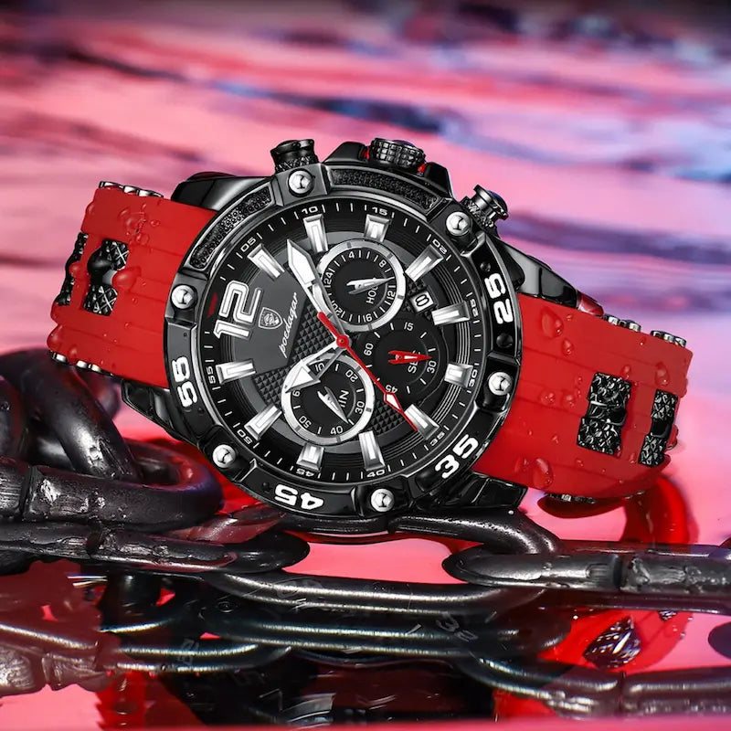 Męski sportowy chronograf z czerwoną i czarną tarczą oraz gumowym paskiem z metalowymi akcentami