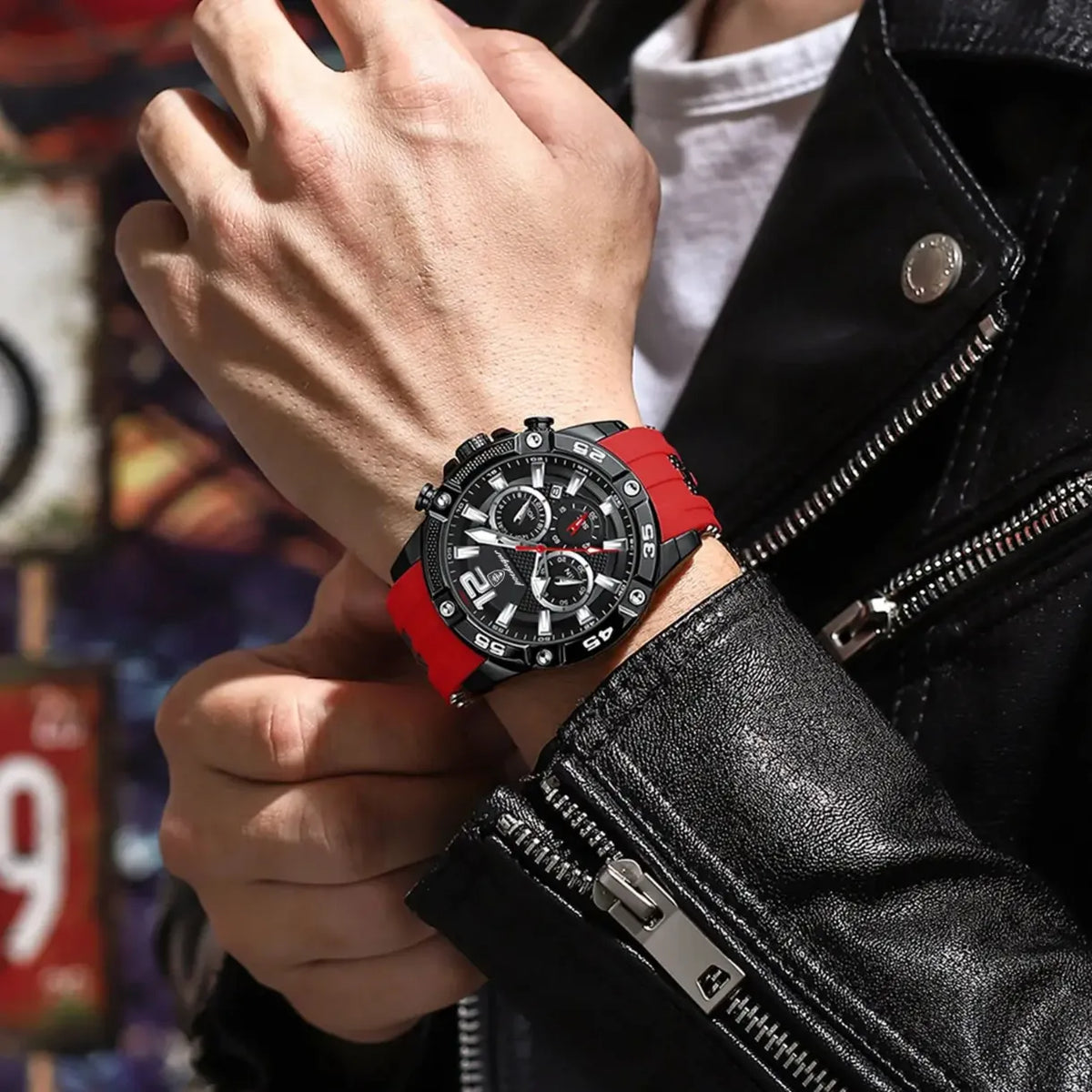 Męski sportowy zegarek chronograf w kolorze czerwonym i czarnym z gumowym paskiem