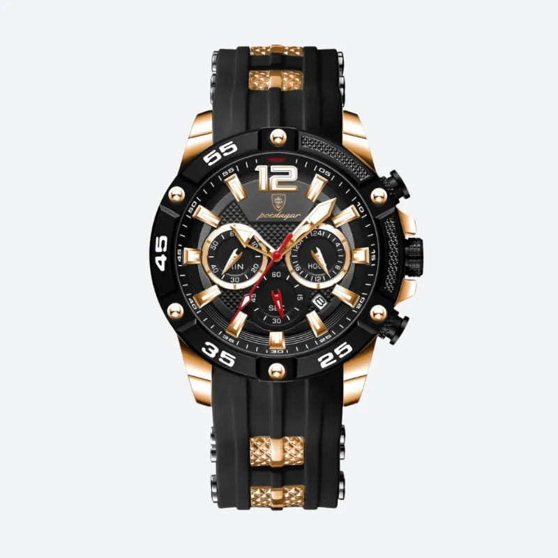 Męski sportowy zegarek chronograf black and gold z gumowym paskiem i złotymi akcentami