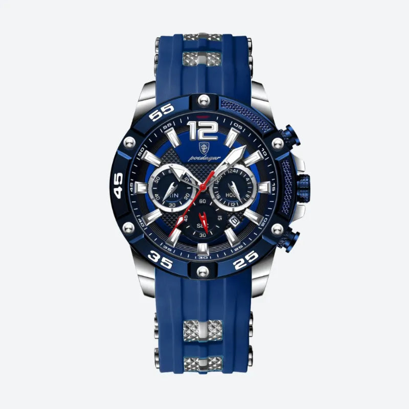 Niebieski gumowy pasek do męskiego sportowego zegarka z srebrnymi akcentami i błyszczącymi ozdobami