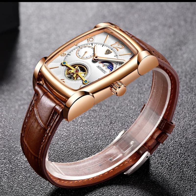 Męski zegarek automatyczny rose gold z białą tarczą i brązowym paskiem