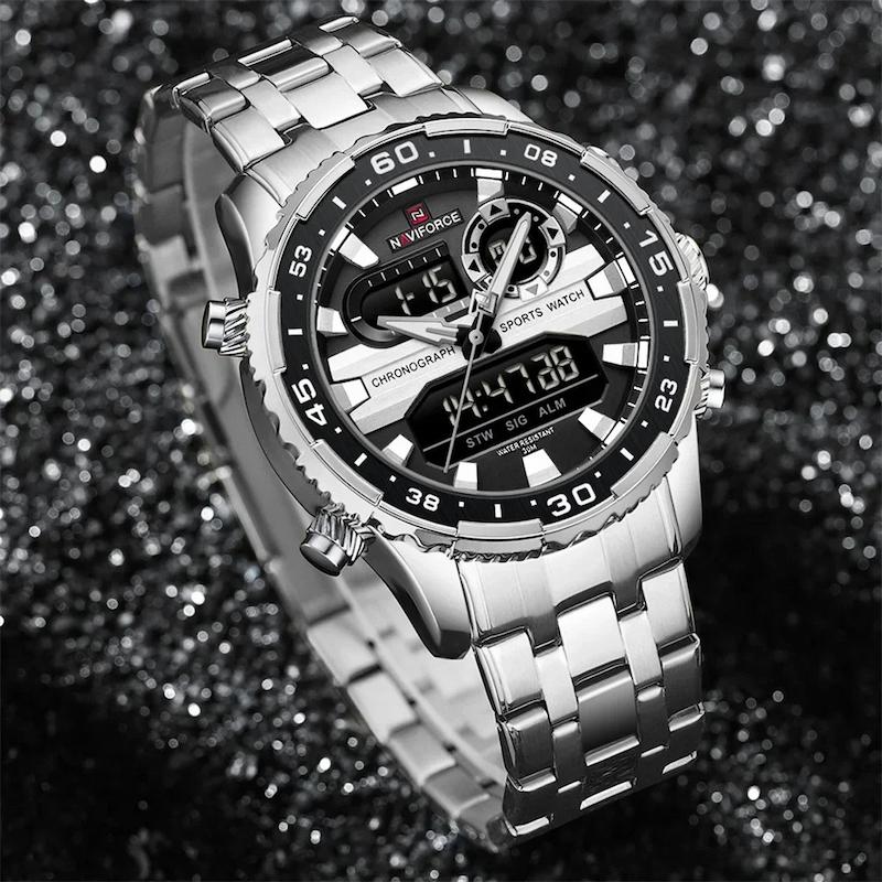 Męski zegarek Naviforce srebrny sportowy z czarnym i srebrnym cyferblatem
