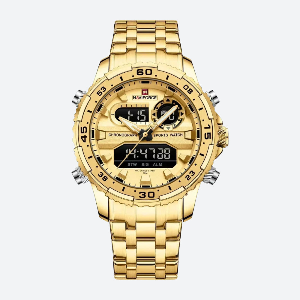 Złoty męski zegarek Naviforce sportowy z wyświetlaczem cyfrowo-analogowym i bransoletą ze stali nierdzewnej