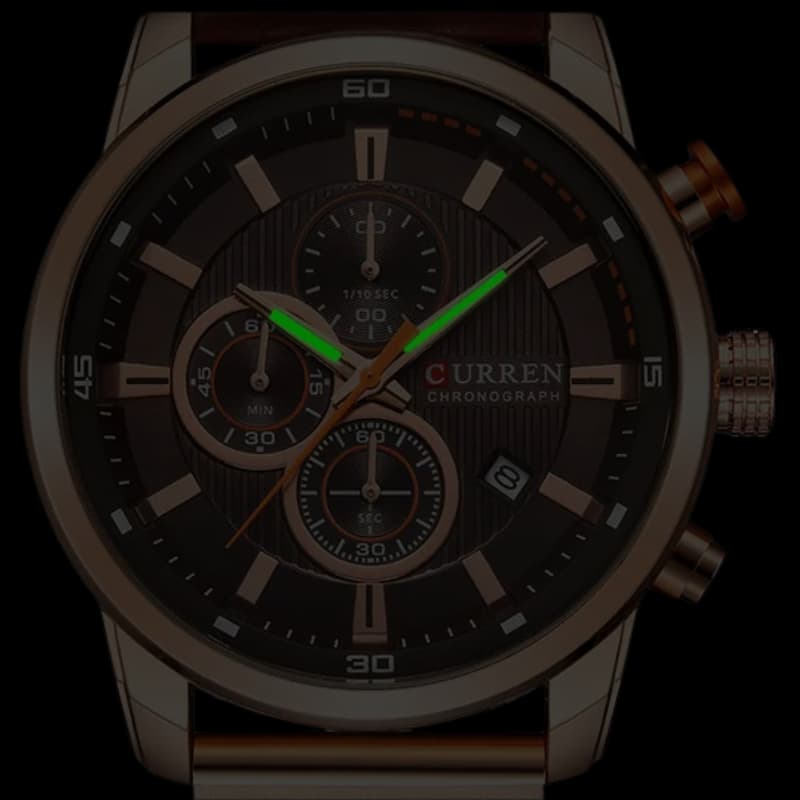 Męski zegarek Curren chronograf z czarną tarczą, zielonymi luminescencyjnymi wskazówkami i znacznikami, różowozłotą kopertą i bezlem