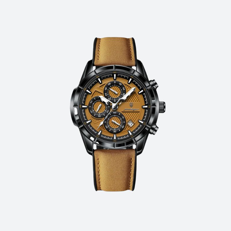 Sleek męski zegarek chronograf z czarną tarczą, pomarańczowym cyferblatem i brązowym paskiem ze skóry