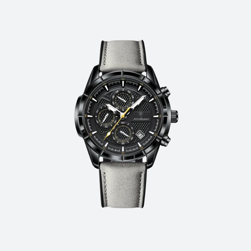 Męski zegarek chronograf z czarną tarczą, szarą skórzaną bransoletą i złotymi wskazówkami