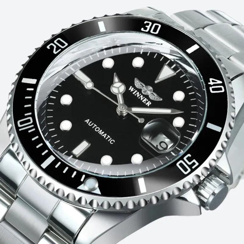 Zegarek automatyczny Silver Stainless Steel z czarną tarczą i bezel obrotowy