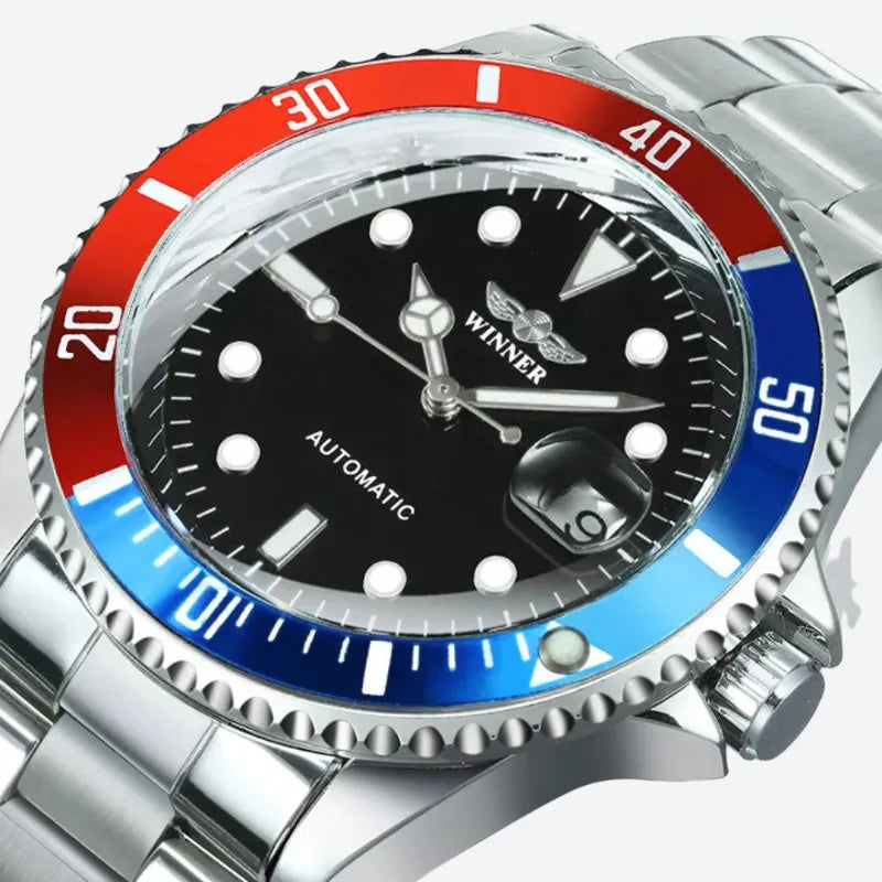 Srebrny zegarek automatyczny Winner z czarną tarczą i akcentami czerwono-niebieskimi