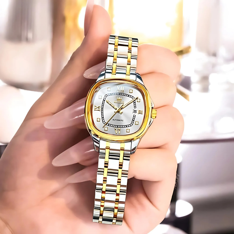 Elegancki zegarek automatyczny damski dwutonowy ze stali i złota z diamentami