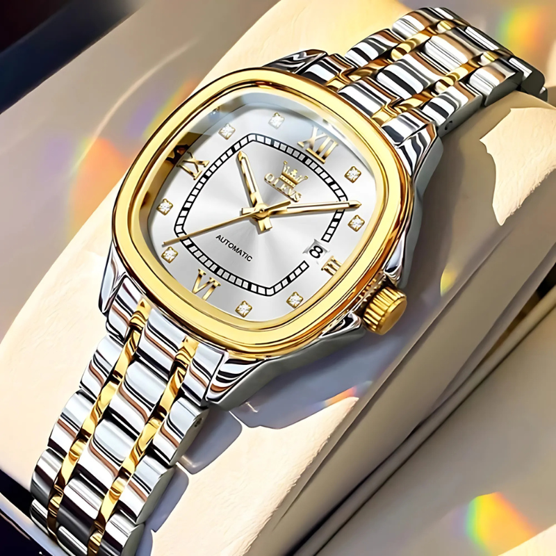 Elegancki zegarek automatyczny damski ze stali i złota z tarczą srebrną