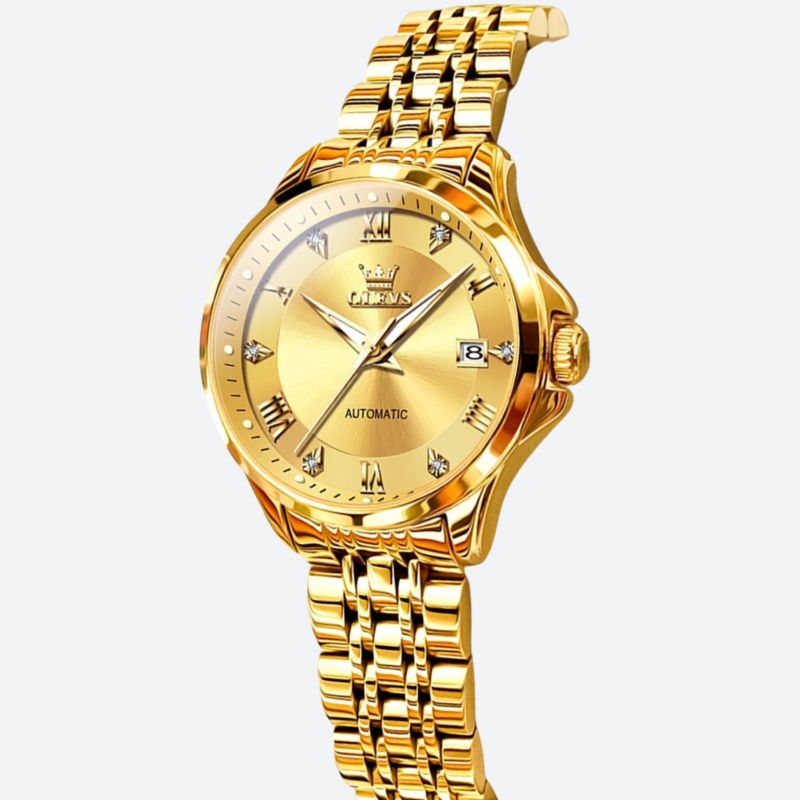 Złoty automatyczny zegarek na metalowej bransolecie z rzymskimi cyframi