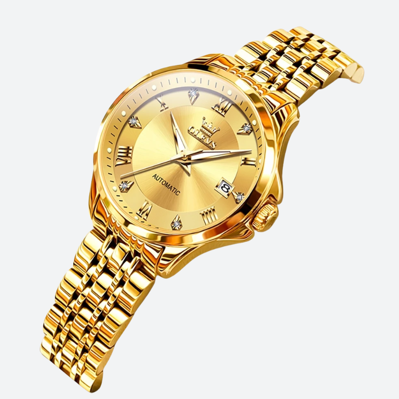 Złoty automatyczny zegarek na metalowej bransolecie z rzymskimi cyframi