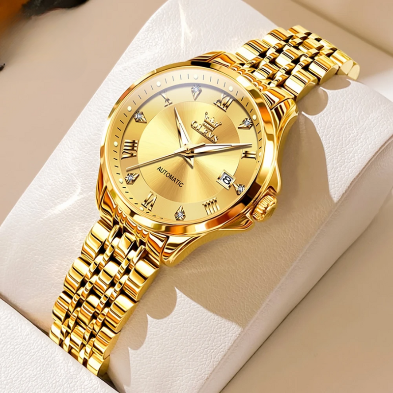 Złoty automatyczny zegarek na nadgarstek z bransoletą i rzymskimi cyframi