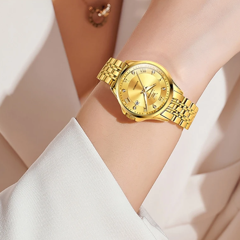 Złoty automatyczny zegarek ze stali nierdzewnej, tarczą z rzymskimi cyframi