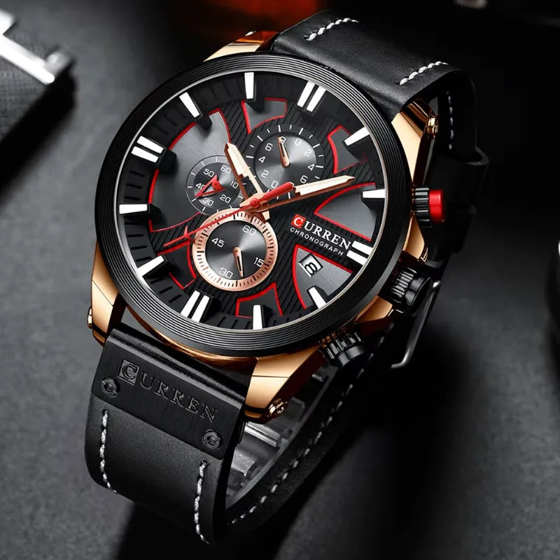 Zegarek chronograf męski Curren w czerni i różowym złocie z czarnym paskiem ze skóry i białym szwem