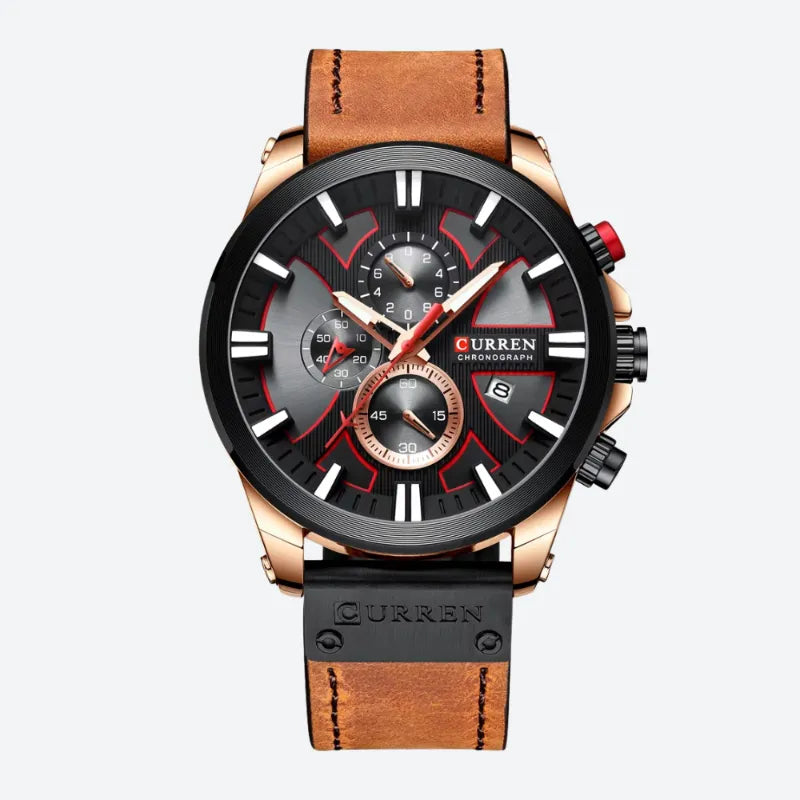 Zegarek chronograf męski Curren z różowym złotem, czarną tarczą i brązowym paskiem