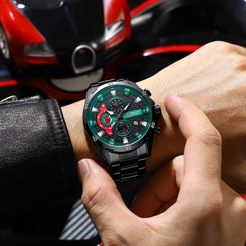 Elegancki sportowy zegarek chronograf czarny z zielenią i czerwonymi akcentami