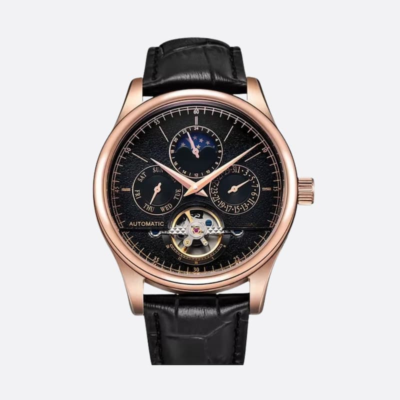 Złoty różowy zegarek automatyczny męski z czarną tarczą i fazą księżyca